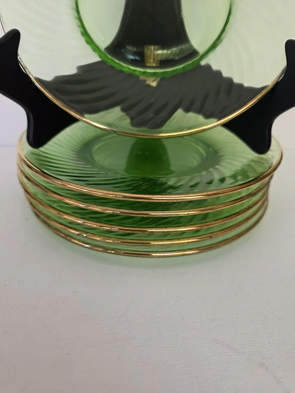Vintage Hocking Green Glass Dinner Saucers with Gold Rim - Set of 6